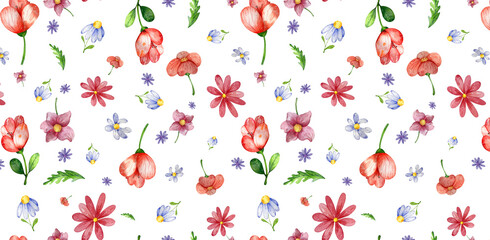Seamless Pattern. Wild Bright Flowers and Herbs. Watercolor Sketch Illustration. Floral Design. For Postcards, Invitations, Textiles, Flyers, Business Cards