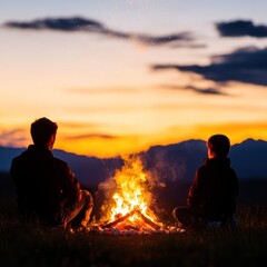 A campfire at a campsite, with the family roasting marshmallows and sharing stories under the stars