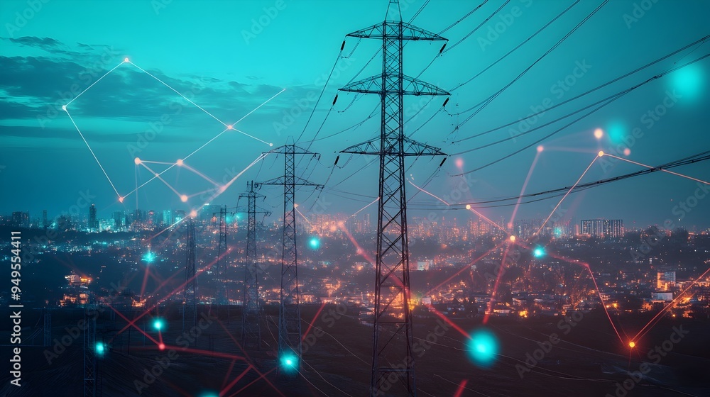 Poster high voltage power poles being installed in a smart grid system integrated with iot technology enabl