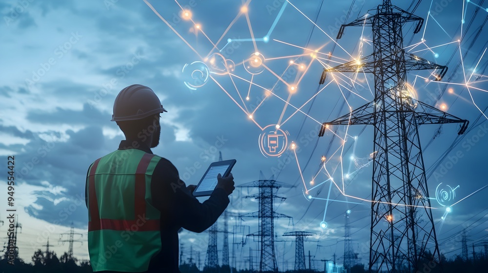 Poster photograph of high voltage power poles being installed in a smart grid system with iot technology