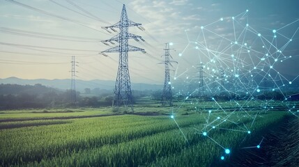 High Voltage Power Poles Efficiently Aligned Using IoT Technology and Connected Sensors Providing Copy Space for Text or Branding