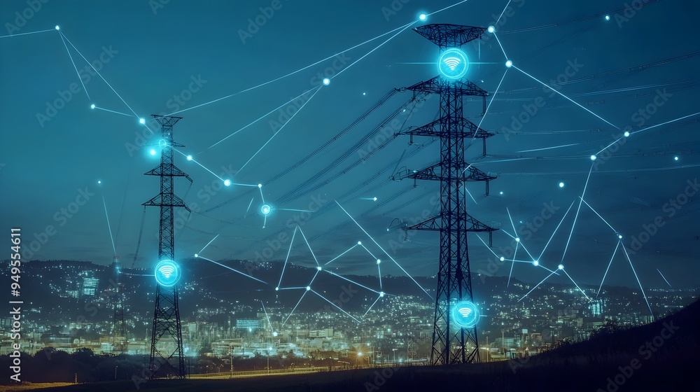 Poster iot devices monitoring and tracking the progress of high voltage power pole installation on construc