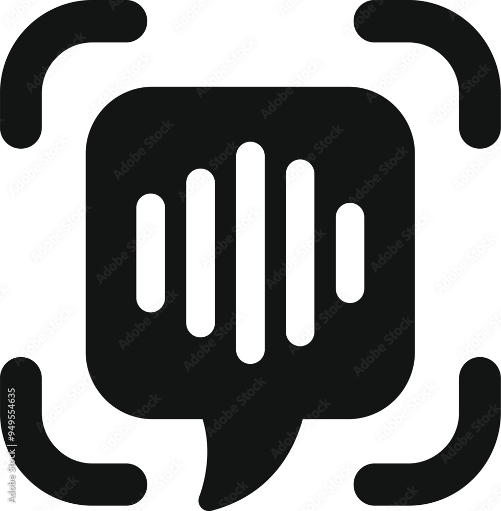 Poster black and white vector icon of a speech bubble with an audio sound wave inside being detected by a v