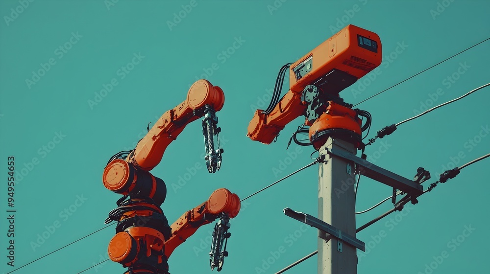 Poster a photograph depicting a team of iot enabled robots working together to install high voltage power p