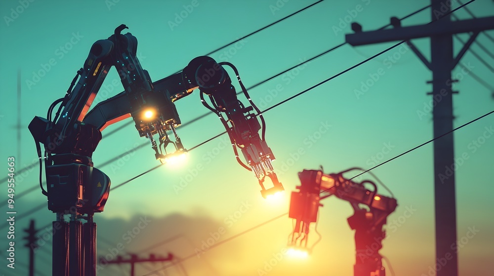 Poster iot enabled robots collaborating to install high voltage power poles showcasing the future of automa