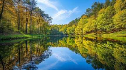 Fototapeta premium Tranquil lake reflecting forest with colorful leaves scenic