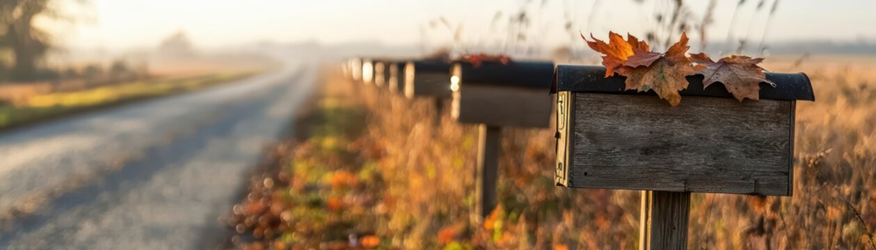 Row of rural mailboxes with autumn leaves on top under warm sunlight capturing the essence of fall and Thanksgiving season