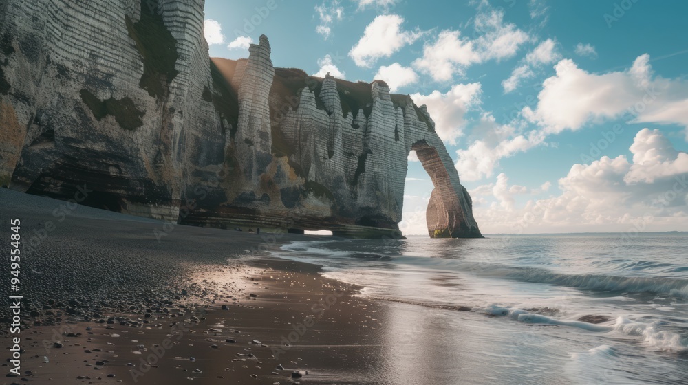 Sticker Dramatic white cliffs with a natural arch create a stunning seascape.