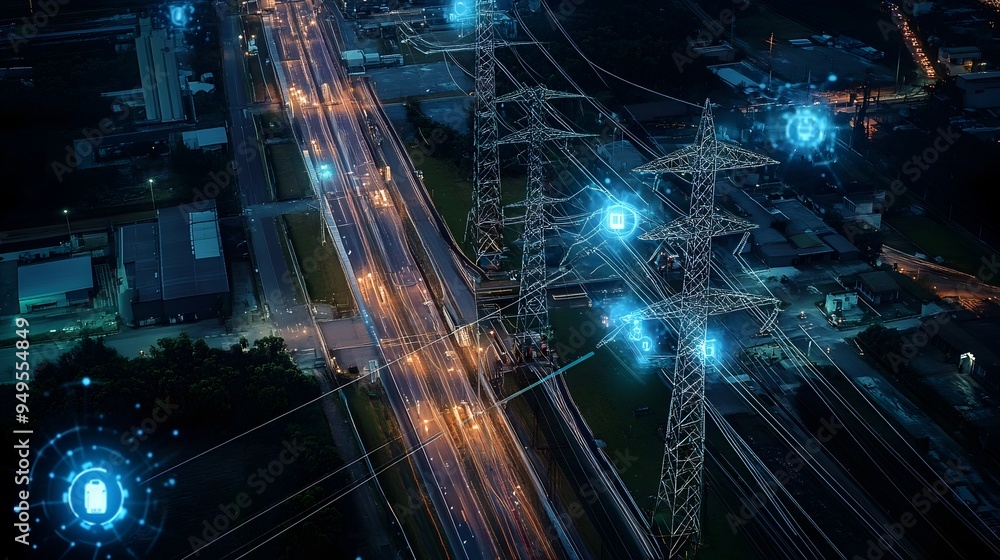 Poster digital maps guiding high voltage power pole installation with iot monitoring and analytics for effi