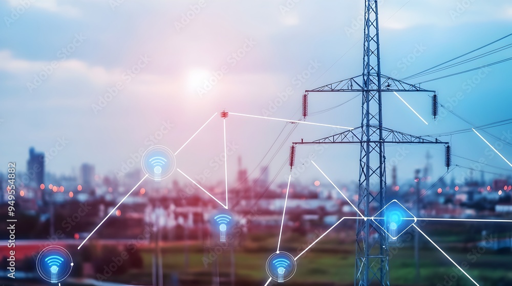 Poster digital maps guiding high voltage power pole installation with iot technology advanced industrial in