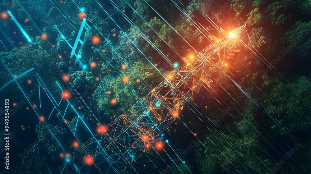 Poster digital maps guiding high voltage power pole installation with iot technology for efficient infrastr