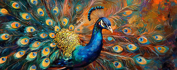 Illustration beautiful peacock with feathers out painting.
