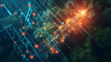 Fototapeta premium Digital Maps Guiding High Voltage Power Pole Installation with IoT Technology for Efficient Infrastructure Development and Modernization in Rural Landscapes