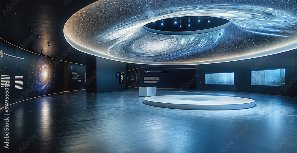 Poster a black hole installation in a museum gallery, the rotating ceiling simulates the distorted space ne