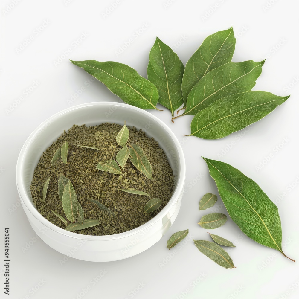 Sticker Dried bay leaves and powder in a bowl.