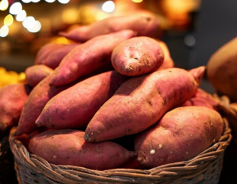 Primer plano de unos boniatos en un mercado tradicional del sur de Europa; tradiciones, mercados