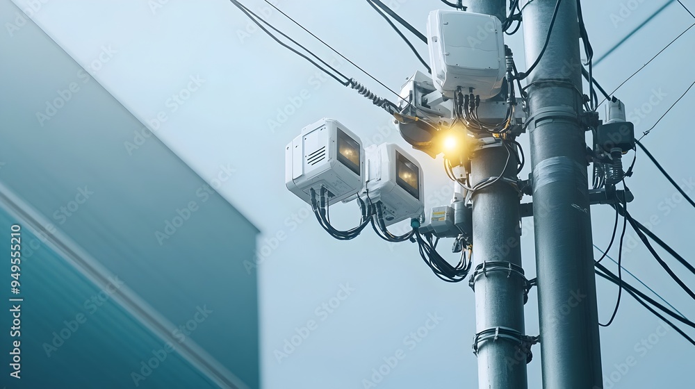 Poster photograph showcasing the installation of smart sensors on high voltage power poles enabling efficie
