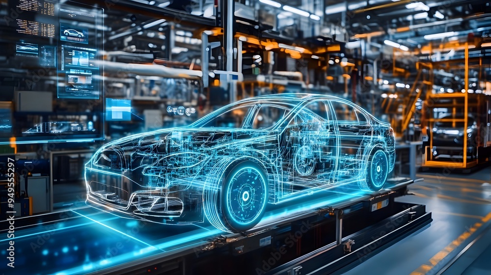Poster visualizing a digital twin of a car manufacturing plant powered by advanced iot technology for optim
