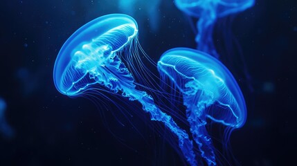 A pair of jellyfish drifting in a dark aquarium, their tentacles and bodies glowing brightly in blue neon light, creating a serene underwater scene