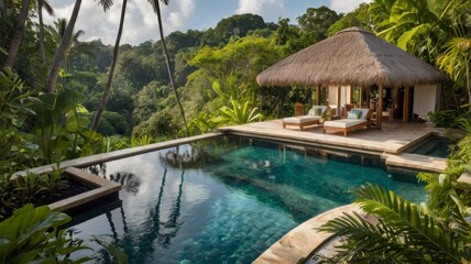 Luxurious paradise with infinity pool, lush jungle, and thatched cabana