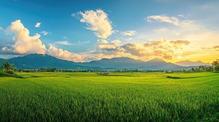 Fototapeta premium A panoramic morning shot of green rice fields and distant mountains in Nan province, Thailand, with a soft glow of sunrise and a few clouds scattered in the sky