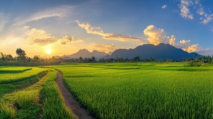 Obraz premium A panoramic morning shot of green rice fields and distant mountains in Nan province, Thailand, with a soft glow of sunrise and a few clouds scattered in the sky