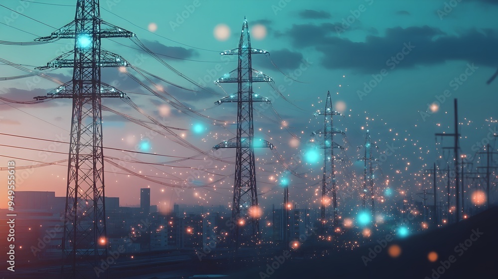 Aufkleber high voltage power poles connecting to smart electrical network during installation with copy space 