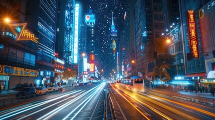 A bustling city street at night. The streaks of car lights should create dynamic trails of color, while the surrounding buildings and street lamps. The sky above show faint star trails. Generative AI.