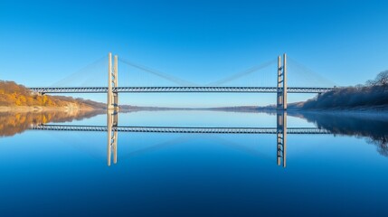 Fototapeta premium Stunning suspension bridge over calm blue water, clear sky