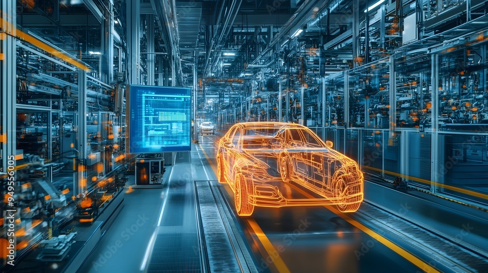 Aufkleber a photograph showcasing the digital twin of a car manufacturing plant visualized on a large screen a