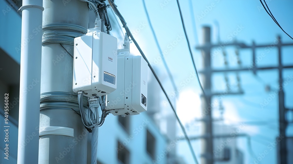 Poster smart sensors attached to high voltage power poles during the installation process for infrastructur