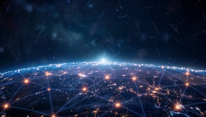 Obraz premium A network of glowing lines connects major cities across the Earth at night.