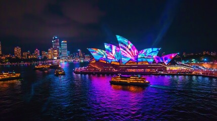 Naklejka premium A panoramic view of Sydney Harbour illuminated by vibrant light projections during Vivid Sydney. The Sydney Opera House glows with colorful digital art displays