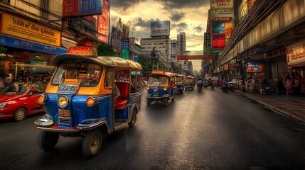 Tuk-Tuk Ride: A bustling street scene in Bangkok with colorful tuk-tuks and lively street life.
