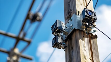A photograph capturing the installation of smart sensors on high voltage power poles a crucial step in modernizing and optimizing the electricity grid infrastructure