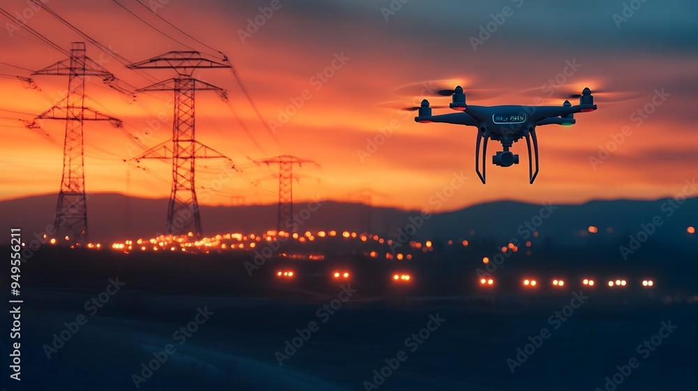 Poster drones equipped with iot technology inspecting high voltage power poles during installation process 