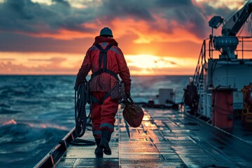 Worker Walking on Ship Deck at Sunset