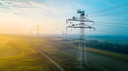 Aerial view of a drone equipped with IoT sensors and advanced technology inspecting and monitoring the installation of high voltage power poles and the electric grid infrastructure