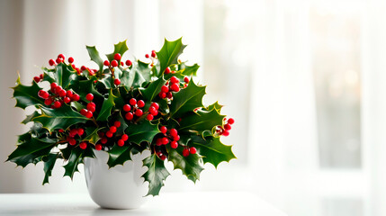 Festive Christmas Holly Arrangement with Red Berries and Green Leaves on a Bright Background