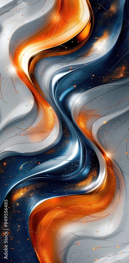 Poster abstract design of an orange, blue and silver colored background with flowing lines in the shape