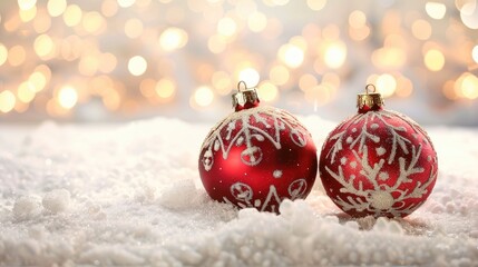 Two red Christmas ornaments are sitting on a snowy surface