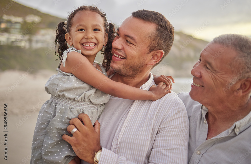 Canvas Prints Father, grandparent and kid at beach for portrait, holiday or bonding together with elderly man. Nature, sunset and happy family on fun vacation with support, security or smile with girl or child