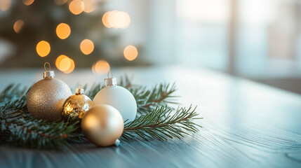 Elegant Christmas Decorations with Gold Baubles and Pine Branches on a Wooden Table