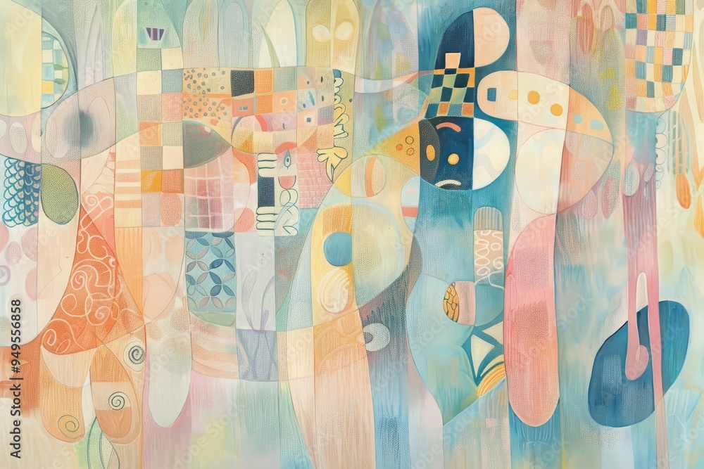 Poster a painting featuring abstract shapes and soft pastel colors with whimsical patterns, soft pastel col