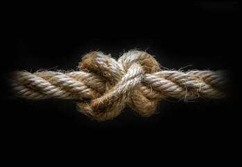 Rope is tied into knot. Close up of rope tightly tied in knot.