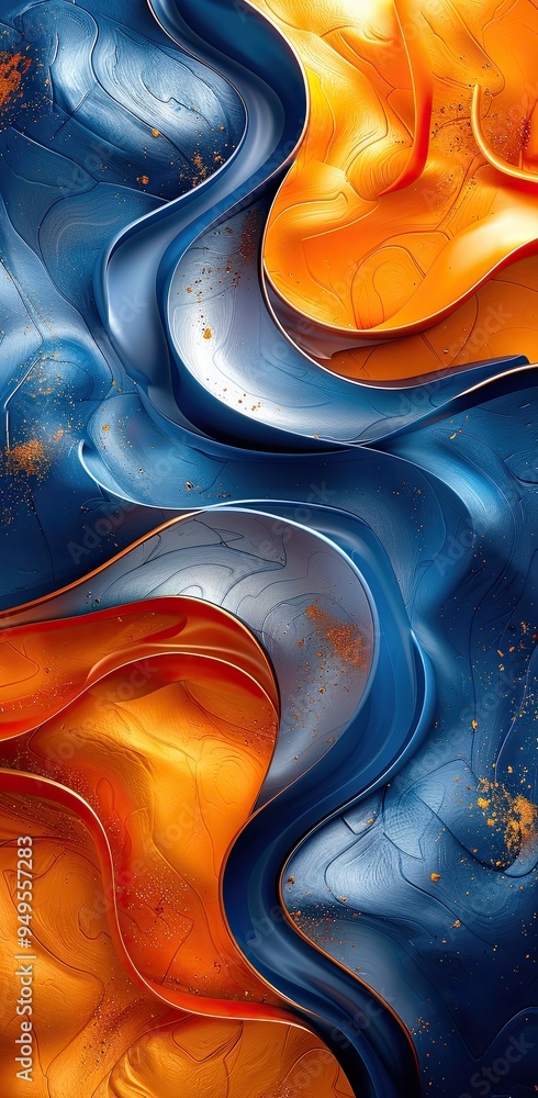 Wall mural abstract design of an orange, blue and silver colored background with flowing lines in the shape