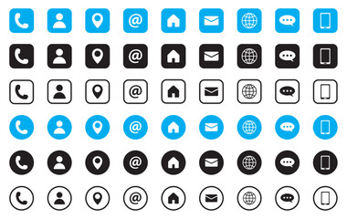 Collection of connect icon set. Contact us icon set phone email location chay website. Social media contact vector outlined icon set.