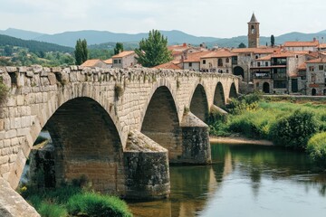 A historic stone bridge spans a serene river with charming buildings in the background.