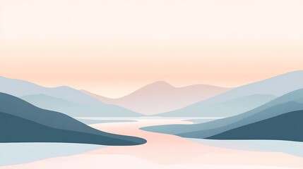 Minimalist vector of a mountain landscape with a winding river designed in soft pastel colors