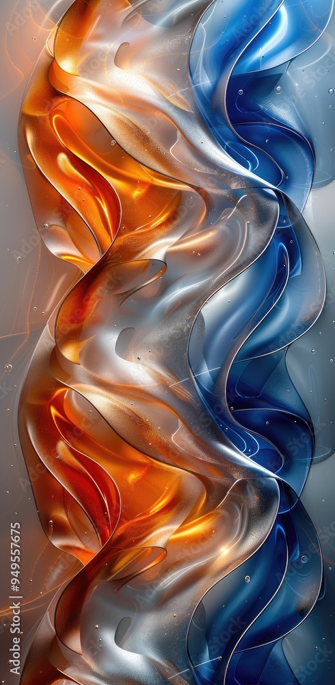 Wall mural abstract design of an orange, blue and silver colored background with flowing lines in the shape